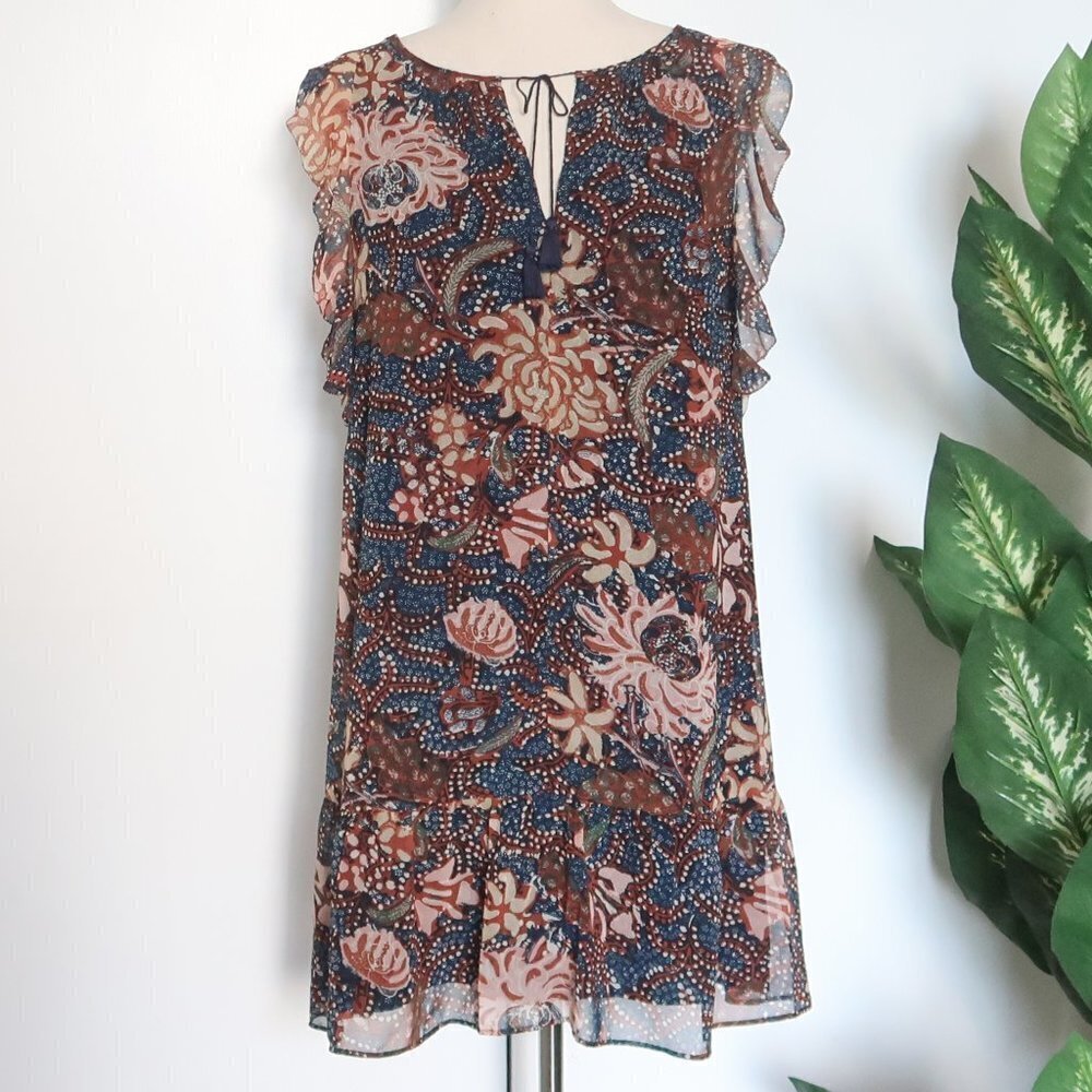 Madewell Navy & Brown V-neck Tassel Tie Flutter Sleeve Ruffle Hem Mini Dress XXS - Picture 5 of 16